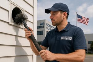 Technician performing Air Conditioning Duct Cleaning to improve indoor air quality and HVAC efficiency