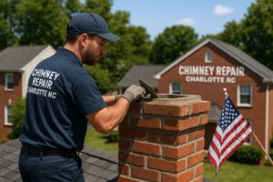 Professional technician performing Chimney Repair in Charlotte NC with tools and safety gear to fix brick and masonry damage.