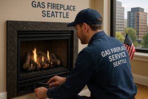 Licensed technician providing professional gas fireplace service in Seattle home, ensuring safe and efficient heating."