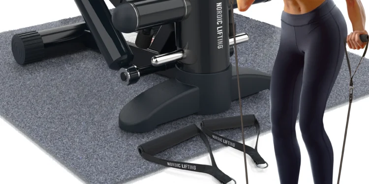 Woman exercising with Nordic Lifting mini stepper machine featuring resistance bands — ideal for low impact home cardio and strength training.