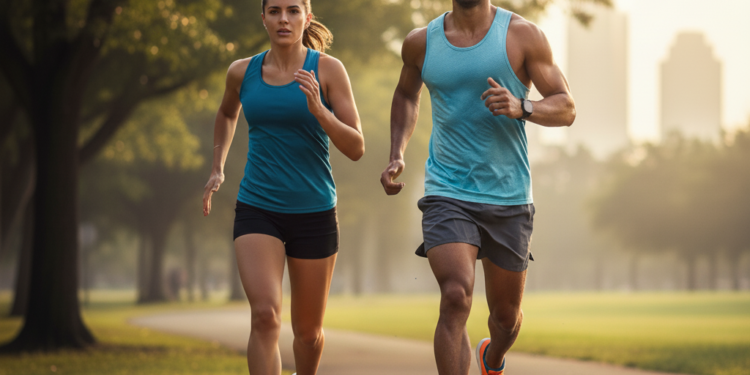 Two runners in athletic gear jogging on a park trail during sunrise, representing strength for runners and endurance training.