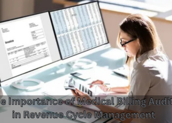 Woman analyzing invoices and billing data on dual computer screens while conducting a medical billing audit to improve revenue cycle performance.