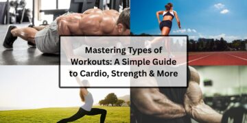 Collage of people performing different workouts: running, weightlifting, yoga, and stretching outdoors.